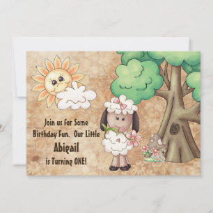 Cute Girl Sheep and Flowers 1st Birthday Invite