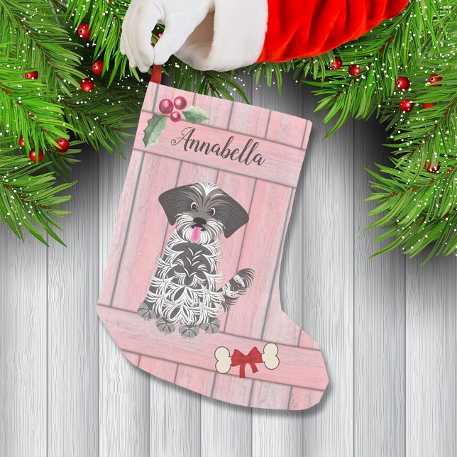 Cute Girl Shih Tzu Pink Wooden Fence Monogram Small Christmas Stocking (Creator Uploaded)