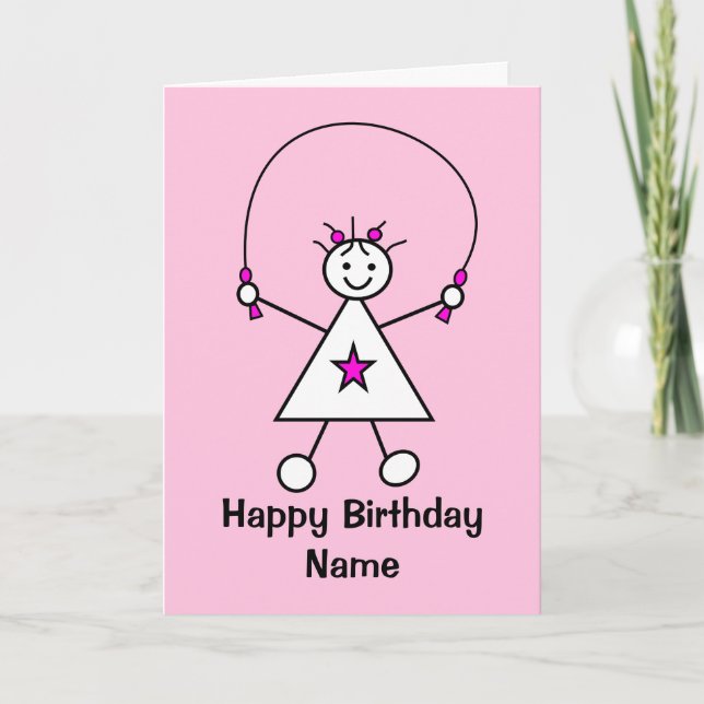 Cute Girl Skipping Rope Jumping Pink Birthday Card (Front)