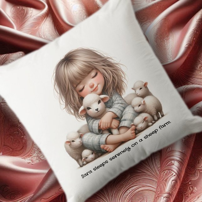 Cute Girl Sleeping on a Sheep Farm Cushion (Cute Girl Cuddles Sheep in Her Sleep Throw Pillow Cover Photo)