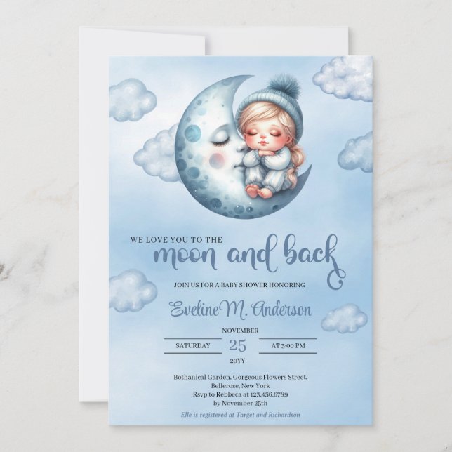 Cute girl sleeping over the moon blue baby shower invitation (Front)