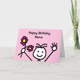 Cute Girl Smiling Waving Flowers Pink Birthday Card