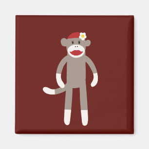 Cute Girl Sock Monkey on Red Magnet