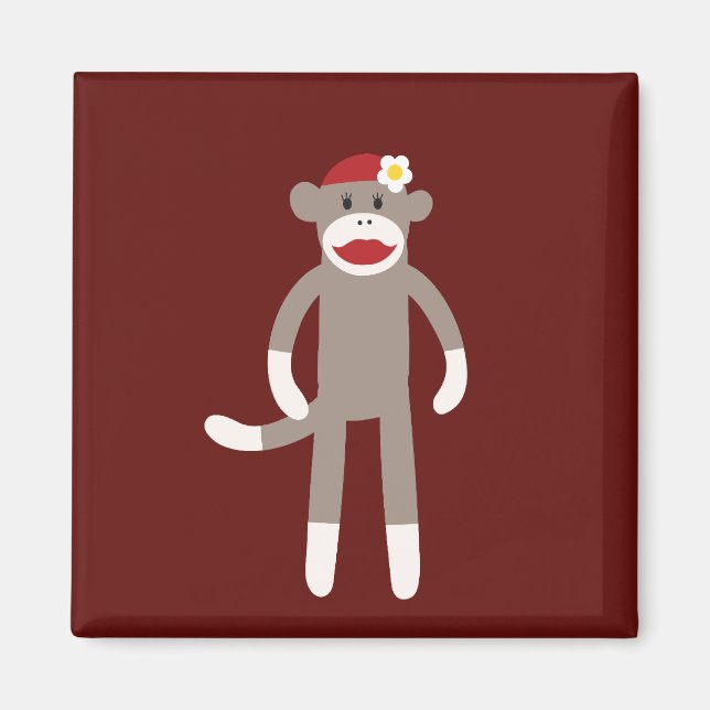 Cute Girl Sock Monkey on Red Magnet (Front)