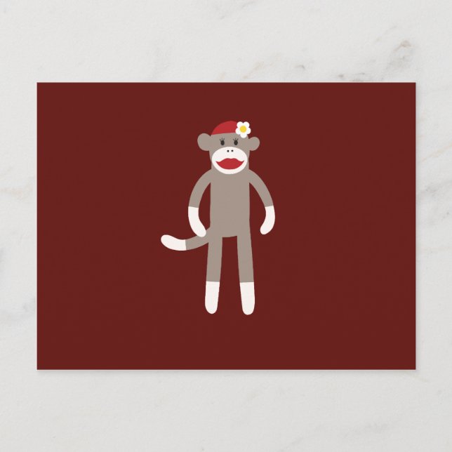 Cute Girl Sock Monkey on Red Postcard (Front)