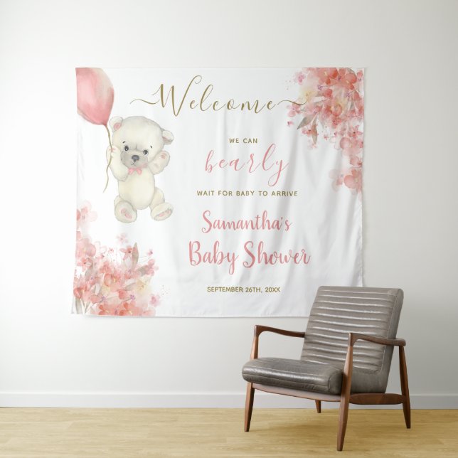 Cute Girl Teddy Bear Pink Baby Shower Welcome Sign Tapestry (In Situ (Horizontal))