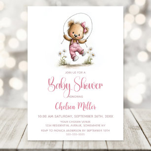 Cute Girl Teddy Bear Playing Jump Rope Baby Shower Invitation