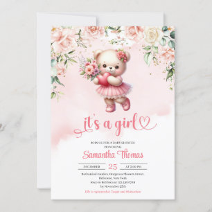 Cute girl teddy bear with heart and flowers  invitation