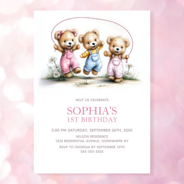 Cute Girl Teddy Bears 1st Birthday Party Invitation (Creator Uploaded)