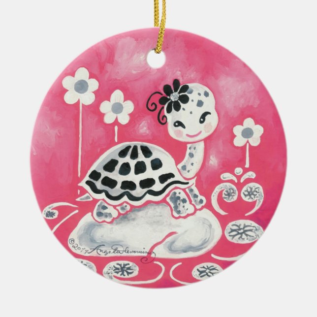 Cute Girl Turtle With Flowers And Swirls Ceramic Tree Decoration (Front)