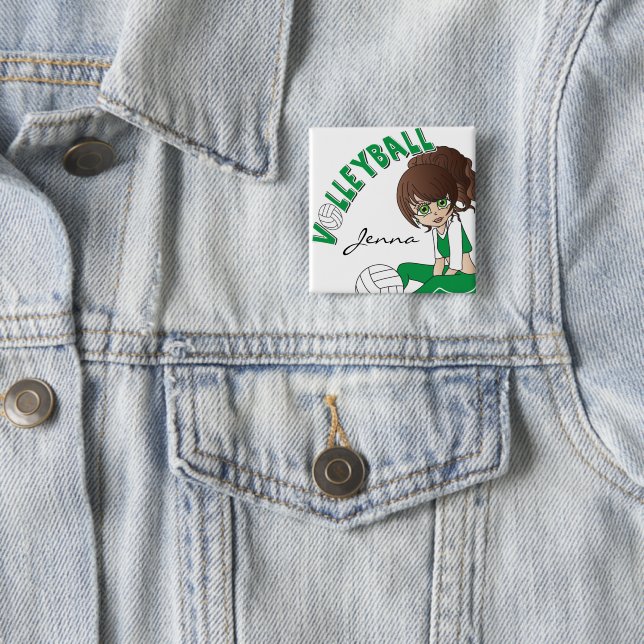 Cute Girl Volleyball Player in Green 15 Cm Square Badge (In Situ)