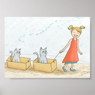Cute Girl Walking Cats Graphic Poster