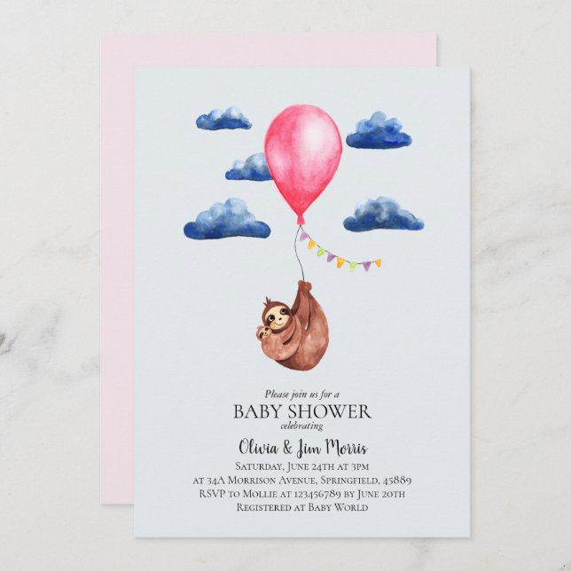 Cute Girl Watercolor Sloth and Name Baby Shower Invitation (Front/Back)