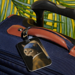 Cute Girl With a Pearl Earring Cat Art Luggage Tag