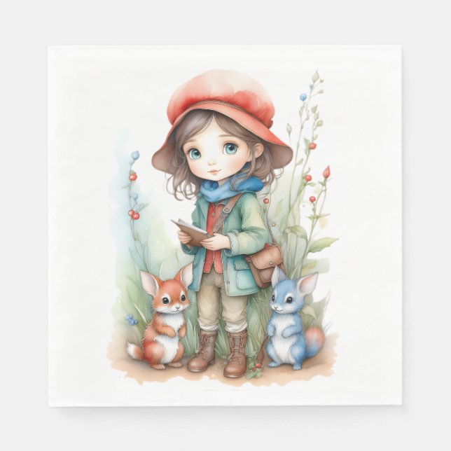 Cute Girl with Animal Friends in Woods Napkin (Front)