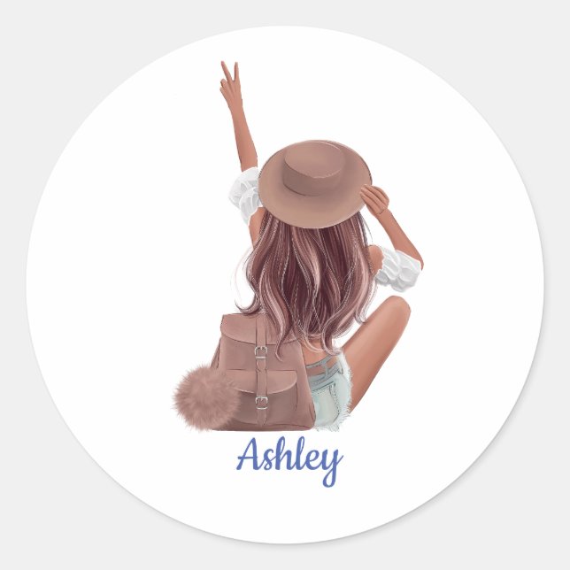 Cute Girl with Backpack Travel Personalised Classic Round Sticker (Front)