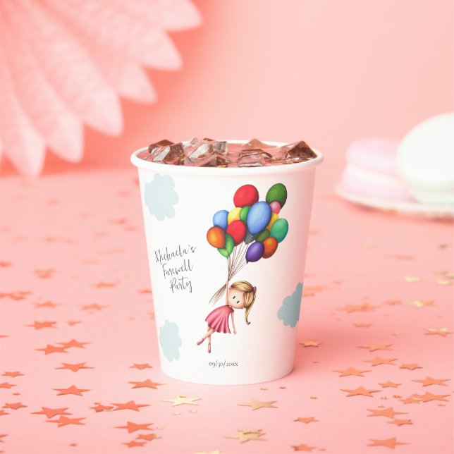 Cute Girl with Balloons Farewell Party Paper Cups (Insitu)