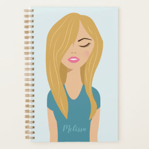 Cute Girl With Blonde Long Hair Illustration Blue Planner
