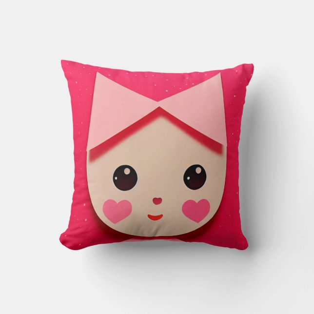 Cute Girl with Bow with Cute Hearts Face Cushion (Front)