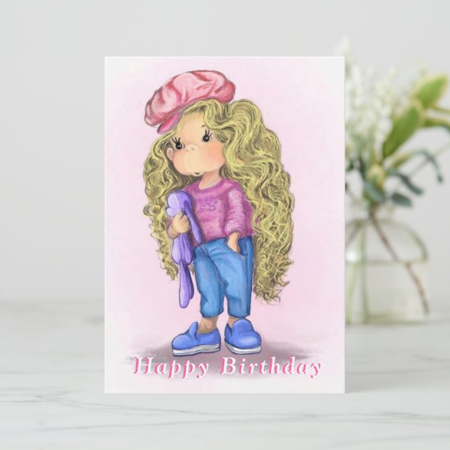 Cute Girl with Bunny Toy Birthday Card (Standing Front)
