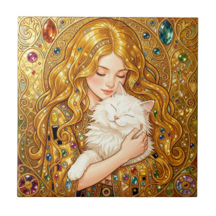 Cute Girl With Cat Art Nouveau Gustav Klimt Style  Ceramic Tile