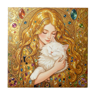 Cute Girl With Cat Art Nouveau Gustav Klimt Style Ceramic Tile