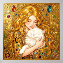 Cute Girl With Cat Art Nouveau Gustav Klimt Style