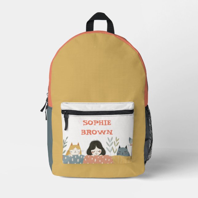 Cute Girl with Cats Custom Name Whimsical  Printed Backpack (Front)