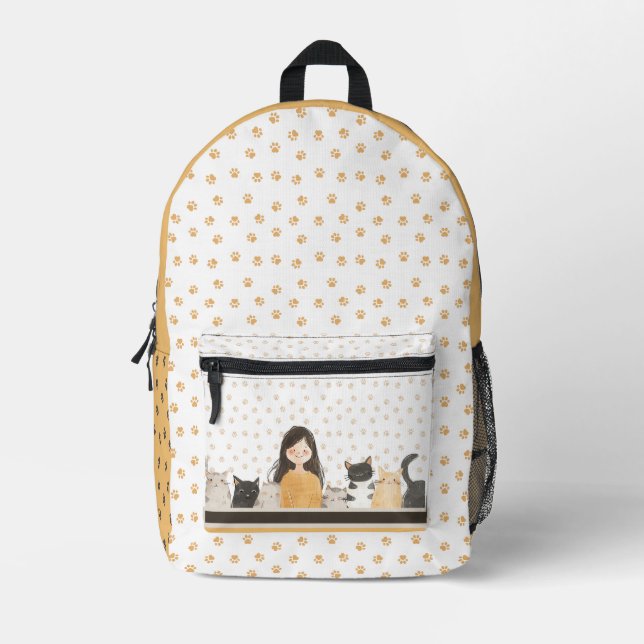 Cute Girl with Cats Paw Pattern Whimsical Printed Backpack (Front)