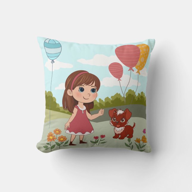 Cute Girl with Dog & Balloons  Cushion (Front)