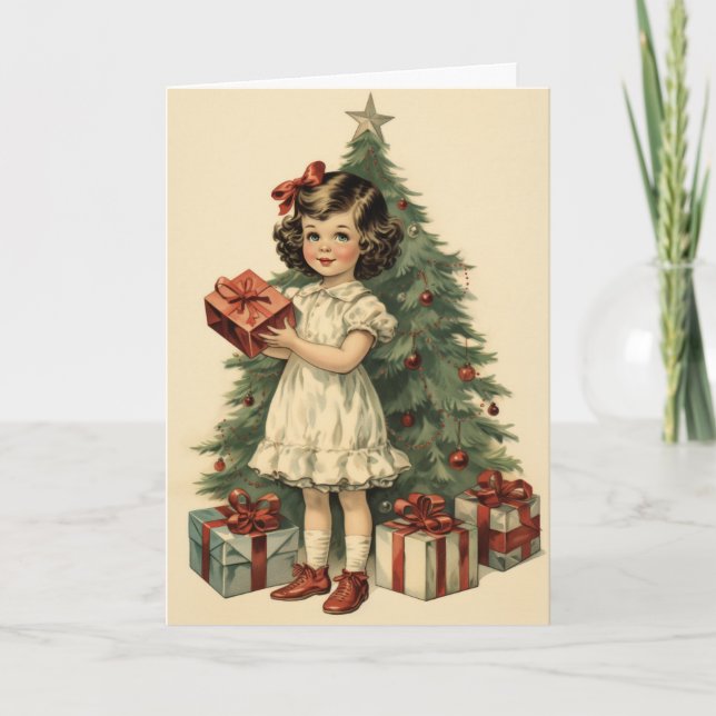 Cute Girl with Gifts Mid-Century Style Christmas Card (Front)