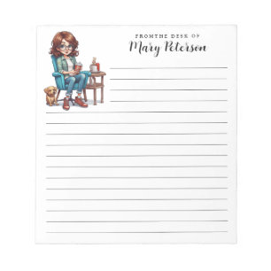 Cute Girl With Glasses Coffee And Dog Personalised Notepad