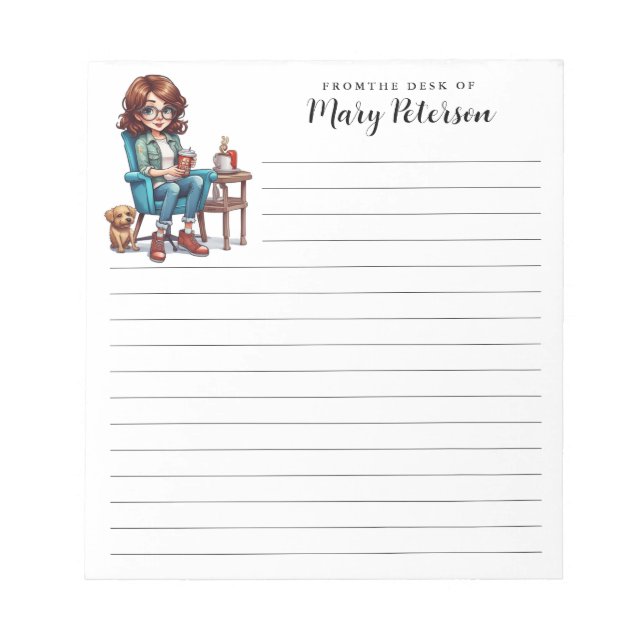 Cute Girl With Glasses Coffee And Dog Personalised Notepad (Front)