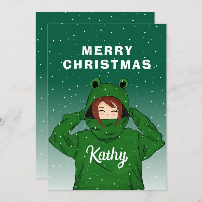 Cute Girl with Green Frog Hoodie Drawing Christmas Holiday Card (Front/Back)