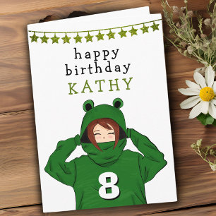 Cute Girl with Green Frog Hoody Drawing Birthday Card