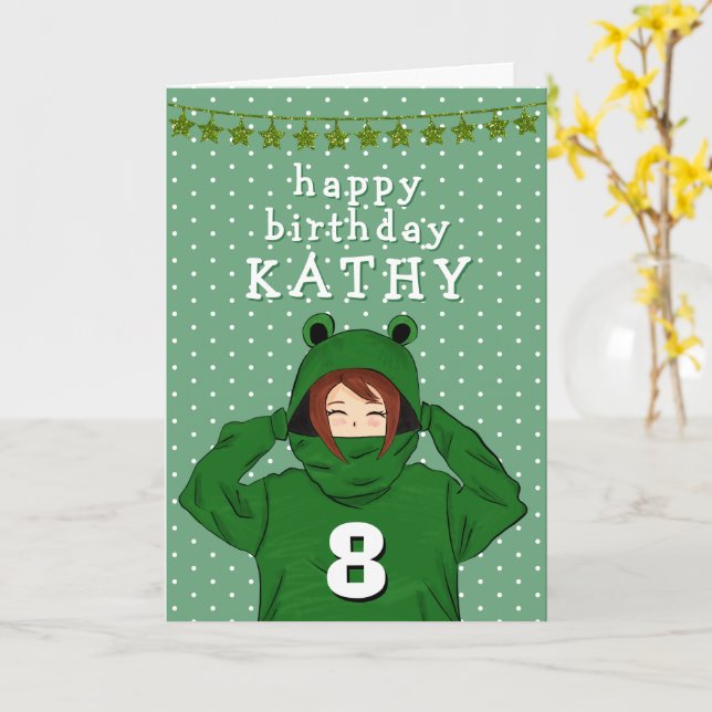 Cute Girl with Green Frog Hoody Drawing Birthday Card (Yellow Flower)