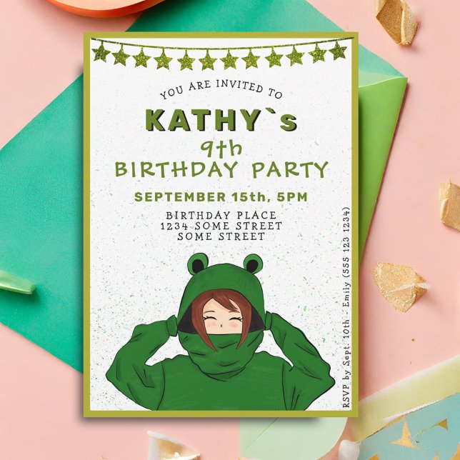 Cute Girl with Green Frog Hoody Drawing Birthday Invitation (Creator Uploaded)