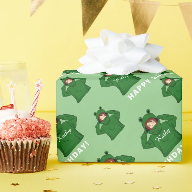 Cute Girl with Green Frog Hoody Drawing Birthday Wrapping Paper (Birthday Party)