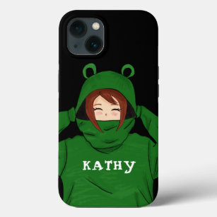 Cute Girl with Green Frog Hoody Drawing Black  iPhone 13 Case