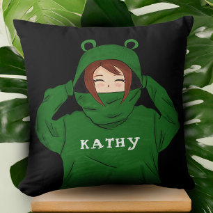 Cute Girl with Green Frog Hoody Drawing Black Name Cushion