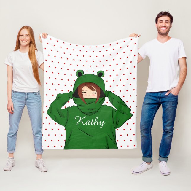 Cute Girl with Green Frog Hoody Drawing Fleece Blanket (In Situ)