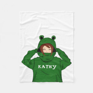 Cute Girl with Green Frog Hoody Drawing Fleece Blanket