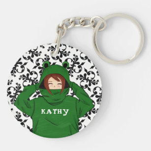 Cute Girl with Green Frog Hoody Drawing  Key Ring