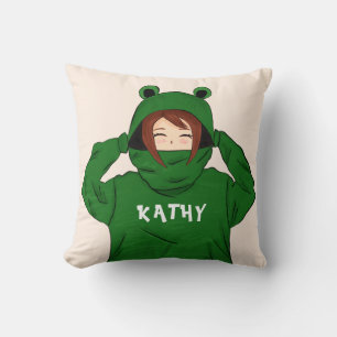 Cute Girl with Green Frog Hoody Drawing Name Cushion