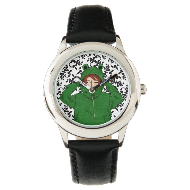 Cute Girl with Green Frog Hoody Drawing Watch (Front)