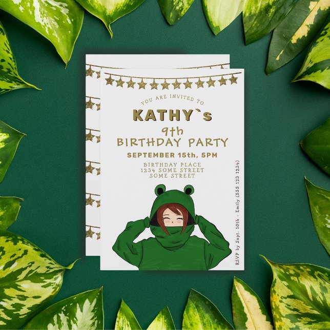 Cute Girl with Green Frog Hoody Stars Birthday Invitation (Creator Uploaded)