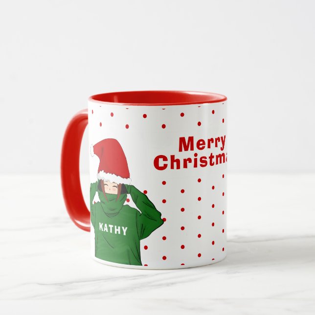 Cute Girl with Green Hoodie Santa Hat Christmas Mug (Front Left)