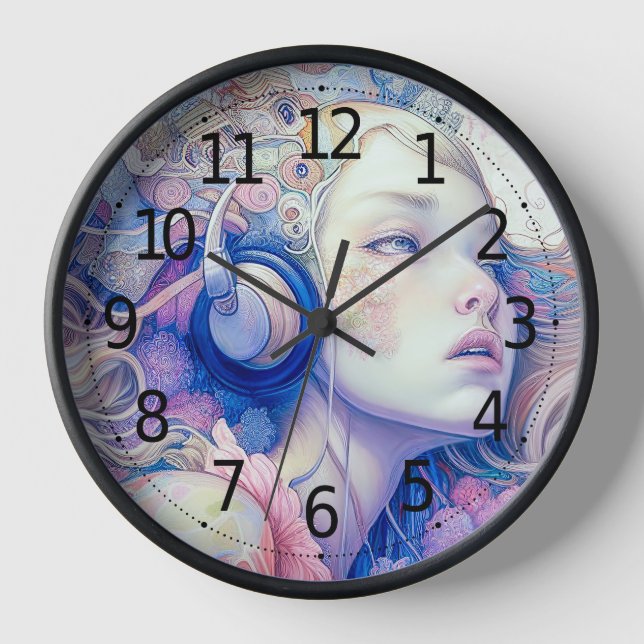 Cute Girl with Headphone Music Modern  Artwork | Clock (Front)