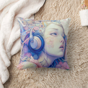 Cute Girl with Headphone Music Modern  Artwork   Cushion