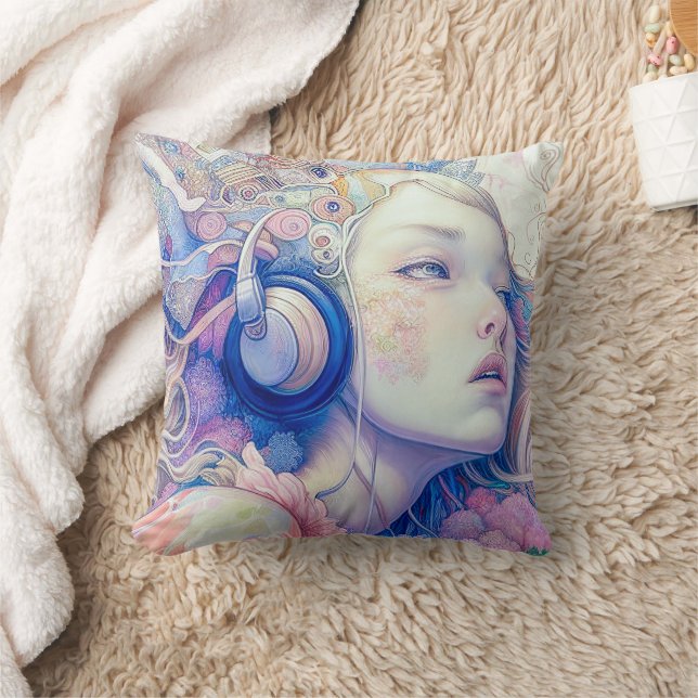 Cute Girl with Headphone Music Modern  Artwork | Cushion (Blanket)